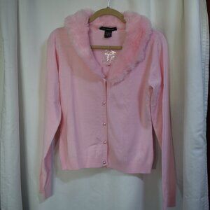 52 Weekends Pink Cardigan Sweater Faux Fur Neck Shiny Pearly Buttons, large